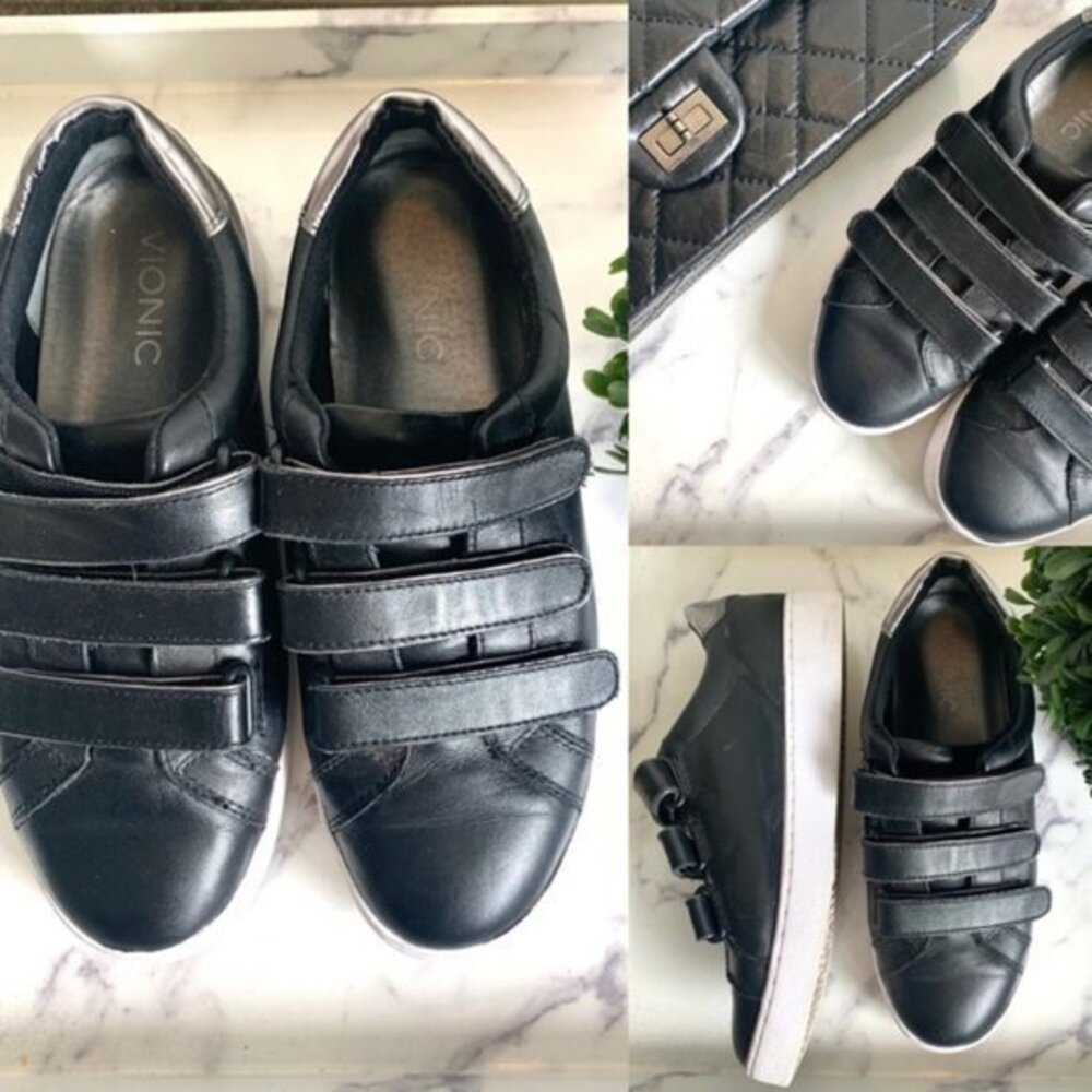 VIONIC Splendid Bobbi Velcro Black Leather Sneaker in Size 7